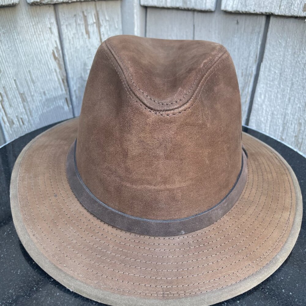 x2 Henschel Leather Fedora Hat Lot of 2 Vtg Brown and Cream Medium Made USA